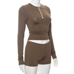 Round Neck Long Sleeve Top & Shorts Set - Clothing