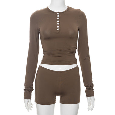 Round Neck Long Sleeve Top & Shorts Set - Clothing