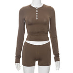 Round Neck Long Sleeve Top & Shorts Set - S / Brown - Clothing