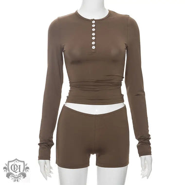 Round Neck Long Sleeve Top & Shorts Set - Clothing