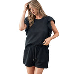 Ruffle Sleeve Top & Drawstring Shorts - S / Black - Clothing