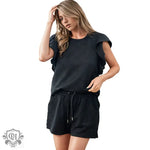 Ruffle Sleeve Top & Drawstring Shorts - S / Black - Clothing