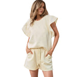 Ruffle Sleeve Top & Drawstring Shorts - S / Creamy-white - Clothing