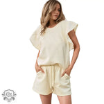 Ruffle Sleeve Top & Drawstring Shorts - S / Creamy-white - Clothing