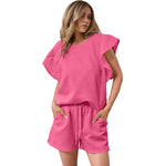 Ruffle Sleeve Top & Drawstring Shorts - S / Rose Red - Clothing