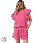 Ruffle Sleeve Top & Drawstring Shorts - S / Rose Red - Clothing