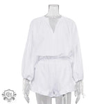 Ruffle Top & Shorts Set - S / White - Clothing