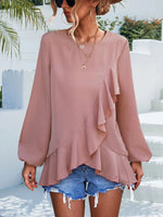 Spring Summer Solid Color Ruffles Lantern Sleeve Irregular Asymmetric Top - Quality Home Clothing| Beauty