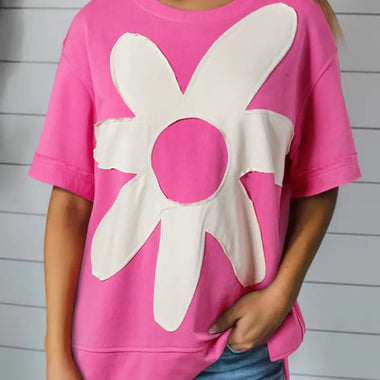 Sachet Pink Contrast Flower Drop Shoulder Loose T Shirt - Sachet Pink / S / 65% Polyester + 35% Cotton - Tops/Tops &