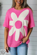 Sachet Pink Contrast Flower Drop Shoulder Loose T Shirt - Sachet Pink / S / 65% Polyester + 35% Cotton - Tops/Tops &