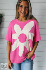 Sachet Pink Contrast Flower Drop Shoulder Loose T Shirt - Tops/Tops & Tees