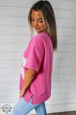 Sachet Pink Contrast Flower Drop Shoulder Loose T Shirt - Tops/Tops & Tees