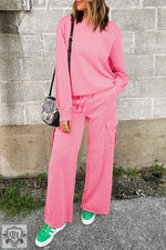 Sachet Pink Solid Color Patchwork Pullover Top and Cargo Pants Set - Sachet Pink / S / 65% Polyester + 35% Cotton - Two