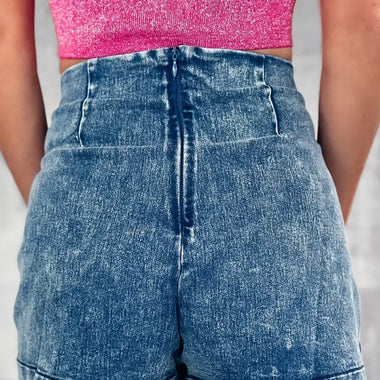 Sail Blue Acid Wash Asymmetric Twisted Wrapped Zipped Denim Skort - Bottoms/Denim Shorts