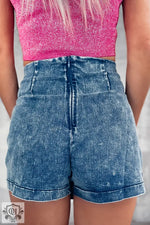 Sail Blue Acid Wash Asymmetric Twisted Wrapped Zipped Denim Skort - Bottoms/Denim Shorts