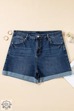 Sail Blue Folded Edge High Waist Plus Size Denim Shorts - Plus Size/Plus Size Bottoms