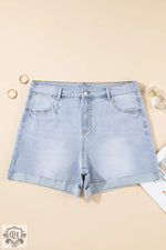 Sail Blue Folded Edge High Waist Plus Size Denim Shorts - Plus Size/Plus Size Bottoms