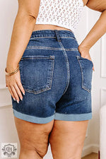 Sail Blue Folded Edge High Waist Plus Size Denim Shorts - Plus Size/Plus Size Bottoms