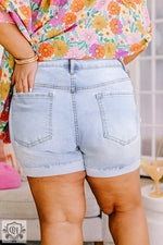 Sail Blue Folded Edge High Waist Plus Size Denim Shorts - Plus Size/Plus Size Bottoms