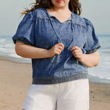 Sail Blue Plus Drawstring V Neck Puff Sleeve Denim Blouse - Sail Blue / 1X / 82% Cotton + 10% Polyester + 8% Viscose