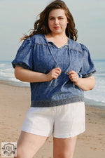 Sail Blue Plus Drawstring V Neck Puff Sleeve Denim Blouse - Sail Blue / 1X / 82% Cotton + 10% Polyester + 8% Viscose