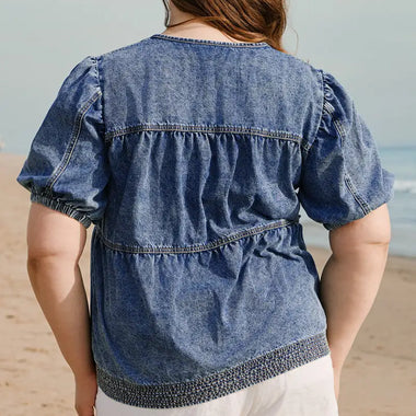 Sail Blue Plus Drawstring V Neck Puff Sleeve Denim Blouse - Plus Size/Plus Size Tops/Plus Size Blouses & Shirts