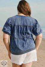 Sail Blue Plus Drawstring V Neck Puff Sleeve Denim Blouse - Plus Size/Plus Size Tops/Plus Size Blouses & Shirts