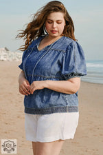 Sail Blue Plus Drawstring V Neck Puff Sleeve Denim Blouse - Plus Size/Plus Size Tops/Plus Size Blouses & Shirts