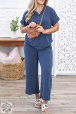 Blue ribbed knit lounge set featuring Sail Blue V Neck Tee and Pants in plus size for relaxation