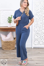 Blue ribbed knit jumpsuit from Sail Blue Ribbed V Neck Tee and Pants Plus Size Set