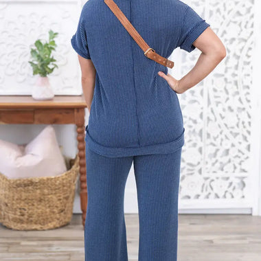 Relax in style with the Sail Blue Ribbed V Neck Tee and Pants Plus Size Set