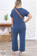 Relax in style with the Sail Blue Ribbed V Neck Tee and Pants Plus Size Set