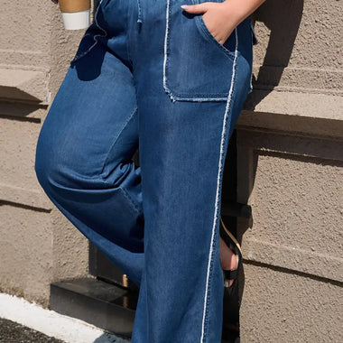 Sail Blue Washed Denim Chambray Loose Plus Size Pants - Plus Size/Plus Size Bottoms