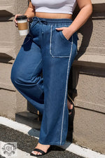 Sail Blue Washed Denim Chambray Loose Plus Size Pants - Plus Size/Plus Size Bottoms