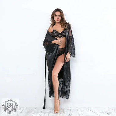 Hollow Out Cutout out satin lace Long Sleeve Nightgown Bathrobe - Quality Home Clothing| Beauty