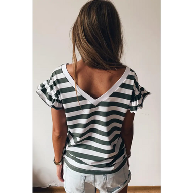 Sea Green Striped V Neck Ruffle Sleeve Top - Tops/Tops & Tees