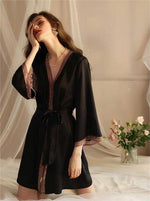 Seduction Sexy Pajamas Women  Ice Silk Robe Sexy Bathrobe Long Sleeve Silk Lace Pajamas Homewear - Quality Home Clothing| Beauty