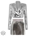 Sequin Jacket & Skirt Set - S / Silver - Clothing