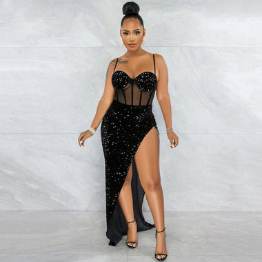 Suspenders Sequin Mesh See-through Irregular Asymmetric Slit Dress for Women - Quality Home Clothing| Beauty