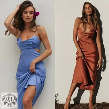 Women Clothing Elegant Sexy Sling Solid Color Maxi Dress Pile Collar Backless Dress - Quality Home Clothing| Beauty