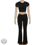 Short Sleeve Cropped Top & High Rise Trousers - Clothing