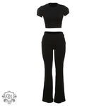 Short Sleeve Cropped Top & High Rise Trousers - S / Black - Clothing