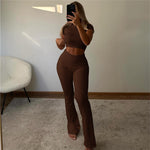 Short Sleeve Cropped Top & High Rise Trousers - S / Brown - Clothing