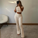 Short Sleeve Cropped Top & High Rise Trousers - S / Khaki - Clothing