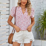 Women Ladies V neck Chiffon Floral Top Lace Puffed Sleeves Shirt - Quality Home Clothing| Beauty