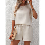 Short Sleeve Top & Shorts Set - S / Beige - Clothing