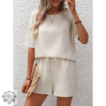 Short Sleeve Top & Shorts Set - S / Beige - Clothing