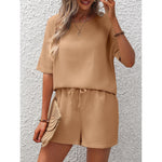 Short Sleeve Top & Shorts Set - S / Khaki - Clothing