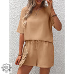 Short Sleeve Top & Shorts Set - S / Khaki - Clothing