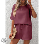 Short Sleeve Top & Shorts Set - S / Wine Red - Clothing